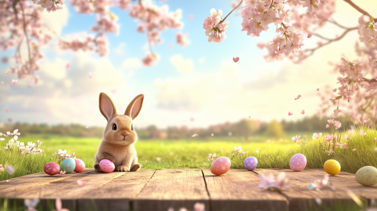 Springtime Easter Meadow with a Bunny and Blossoms