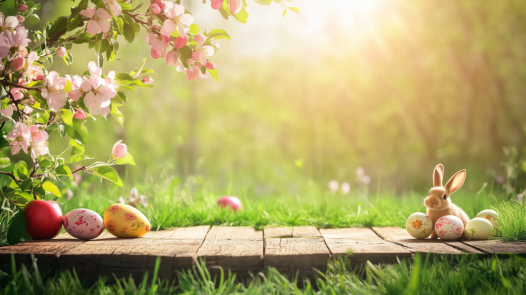 Springtime Easter Scene with Bunny and Blossoms