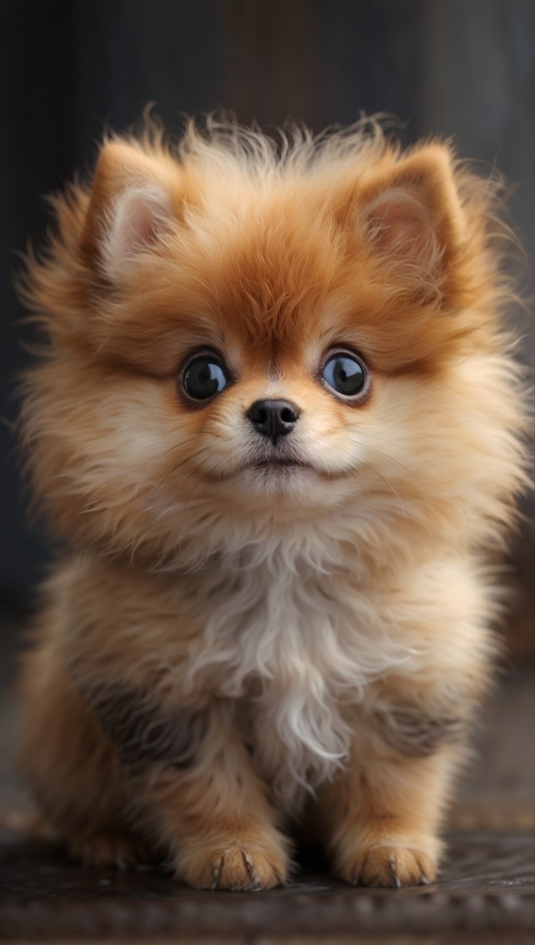 Fluffy miniature Pomeranian puppy with big eyes and small ears, captured in professional photography style.