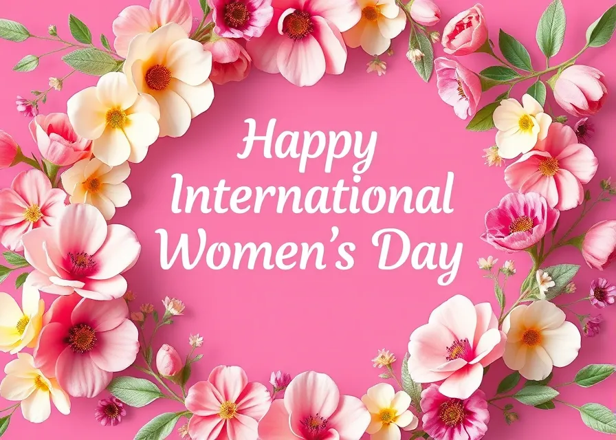 Floral Frame with Happy International Women's Day Text