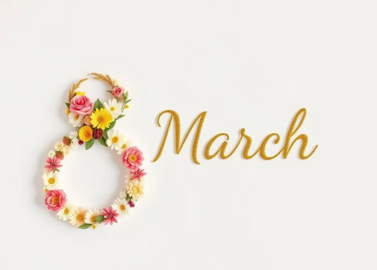 free AI floral wreath with golden “8 March” on white background for Women’s Day