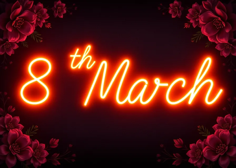 free AI glowing 8th March neon sign with flowers for International Women’s Day