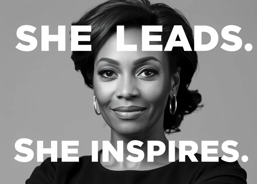 Black and white photo of a smiling African American woman with the text "She leads. She inspires." on a gray background