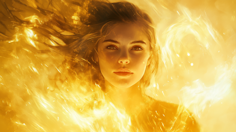 A radiant woman with flowing hair, surrounded by golden light and swirling flames in a glowing sky.