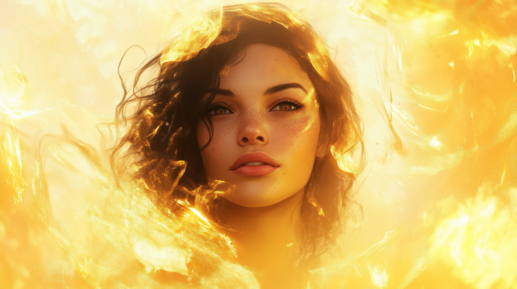 A portrait of a woman with brown hair, golden glow, and a halo of yellow flames in a fantasy realism style.