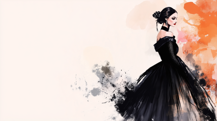 Watercolor illustration of a woman in an elegant black dress with tulle skirt and updo hairstyle, against a white background.