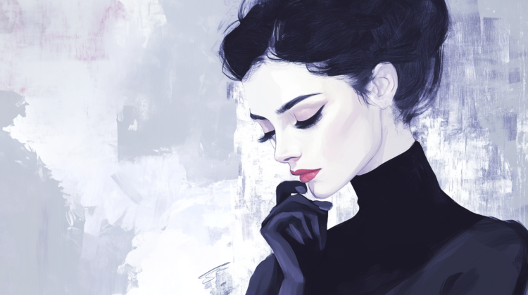 Digital art of a woman in a black turtleneck with updo hairstyle, against a minimalistic pastel background with brush strokes.