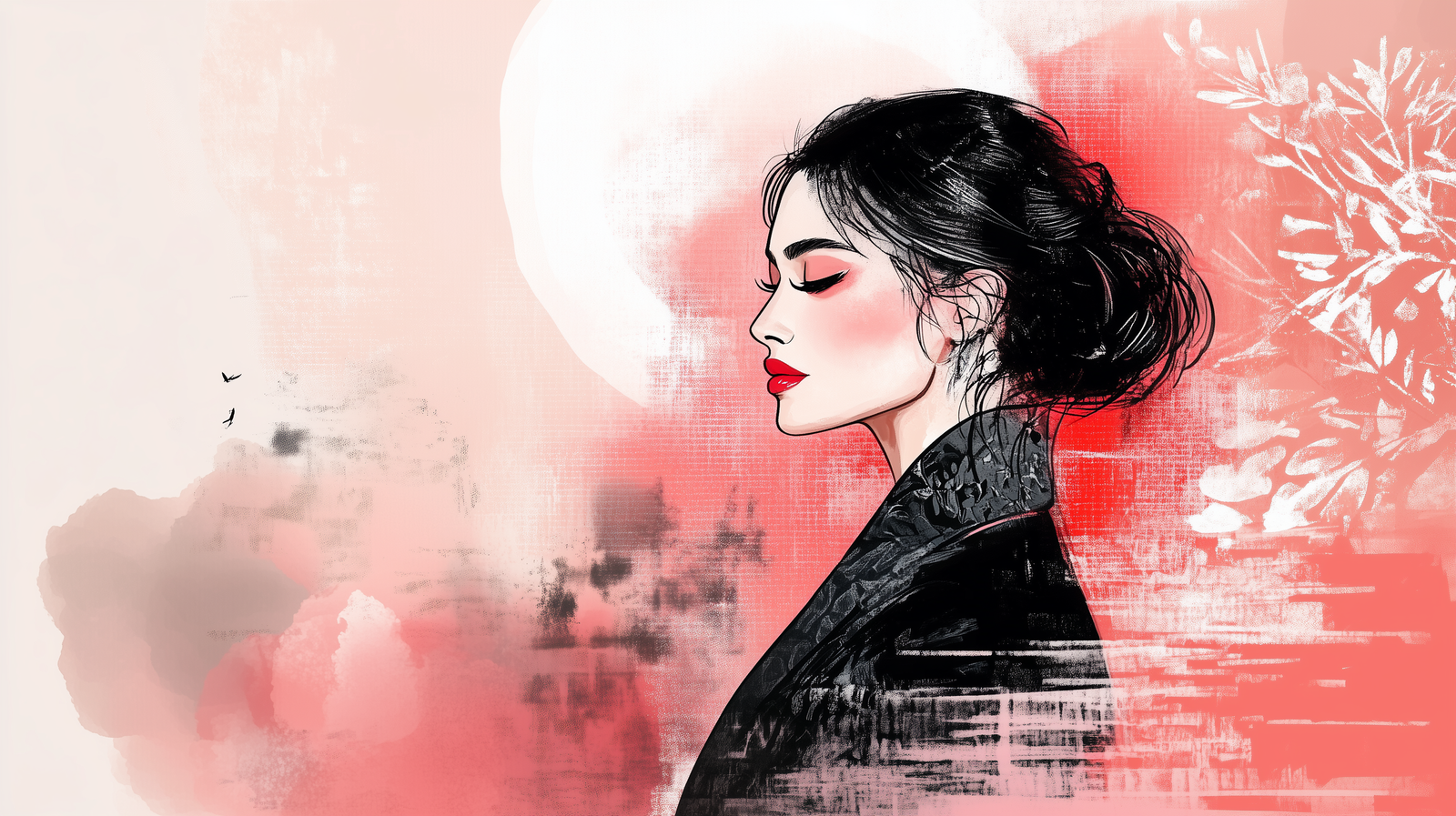 Ink-style illustration of a woman in side profile with red lips, black suit, and a white moon background in pink tones.