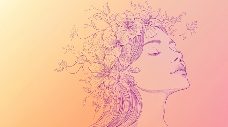 Line art vector illustration of a woman's profile with flowers in her hair, set against a pink and orange gradient background.