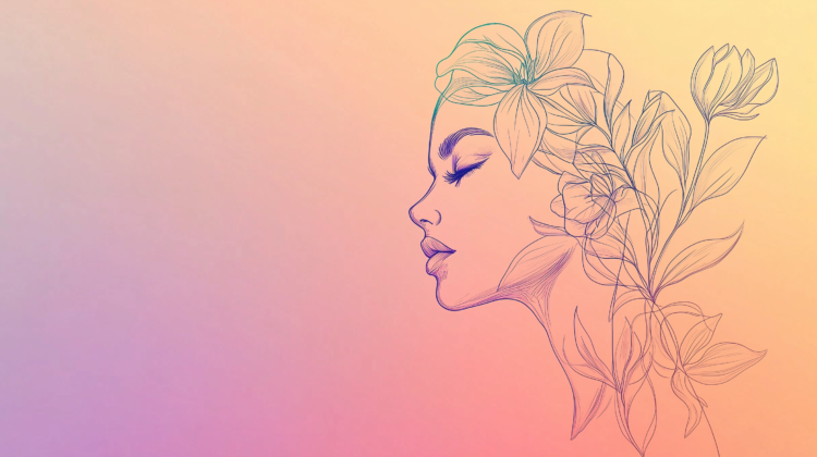 Line art drawing of a woman with flowers in her hair on a pastel gradient background, ideal for a Women's Day design.