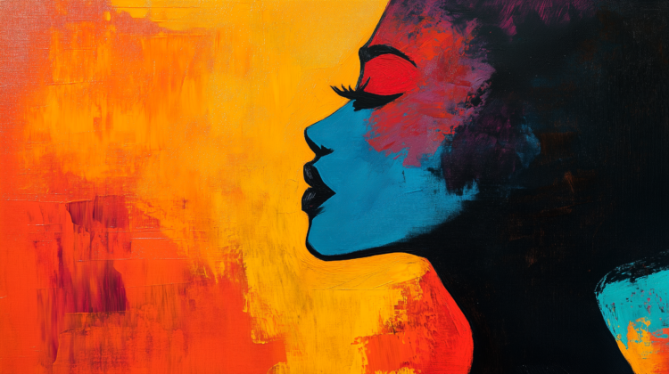 Acrylic painting of an African American woman’s profile, with bold colors and dynamic brushstrokes, focusing on her face.