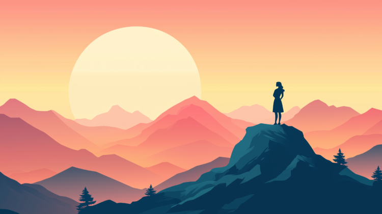 Vector illustration of a woman standing on a mountain with a sunset sky-toned landscape in the background.