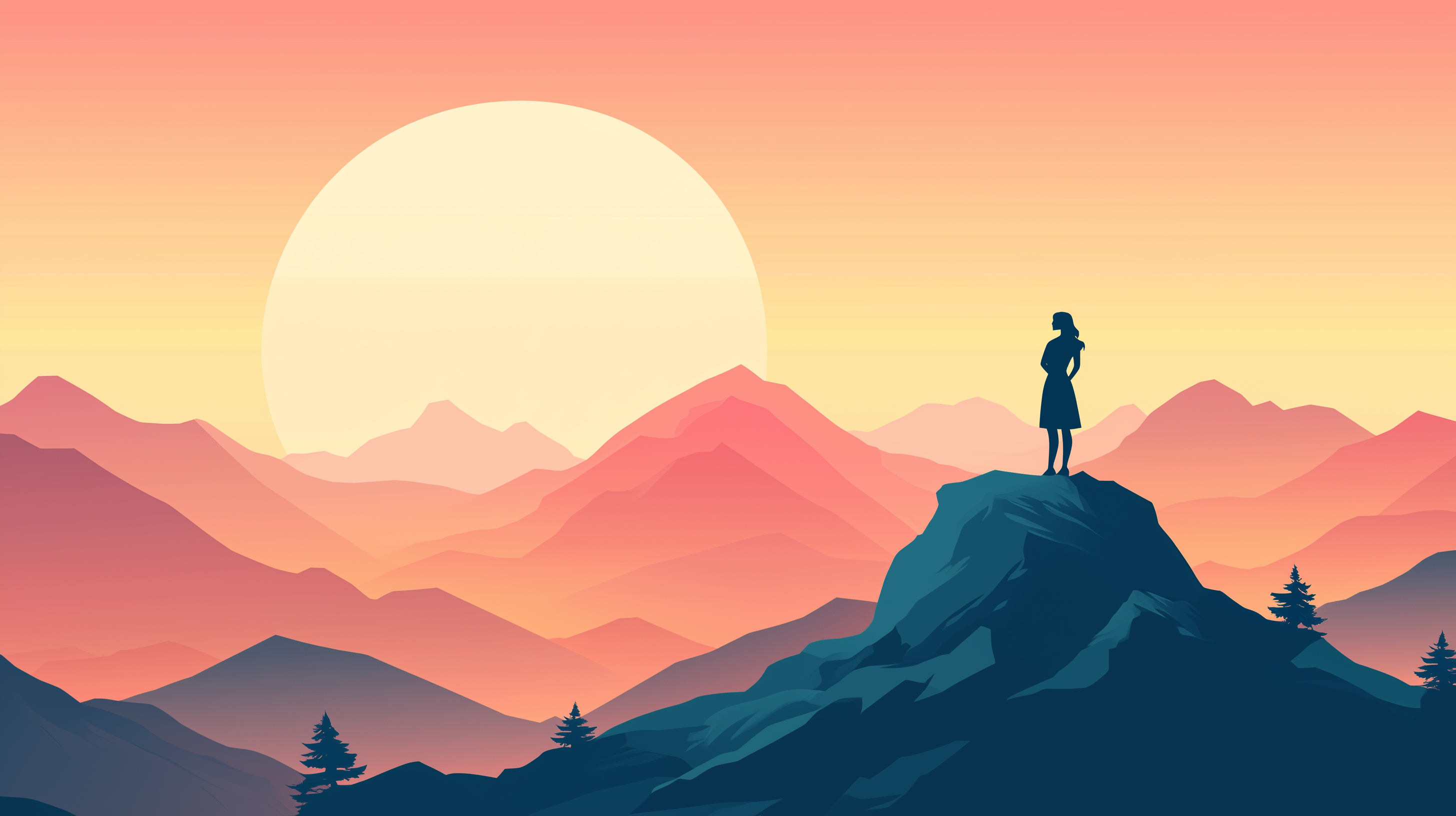 Vector illustration of a woman standing on a mountain with a sunset sky-toned landscape in the background.