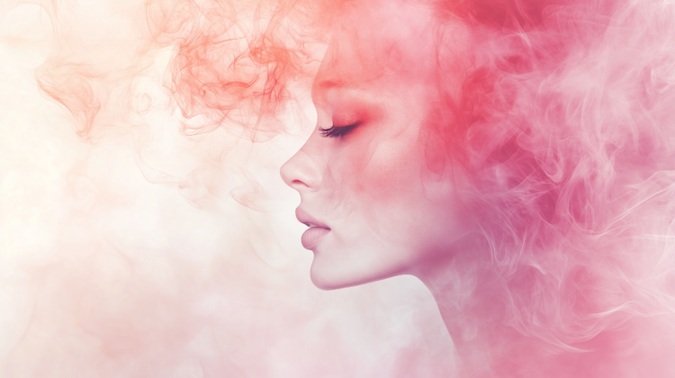 A woman's face seen through pink and red smoke, with a pastel background enhancing her silhouette.