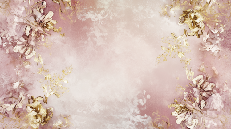 Elegant pink and gold floral background with delicate flowers and golden leaves, perfect for product display or wall art.