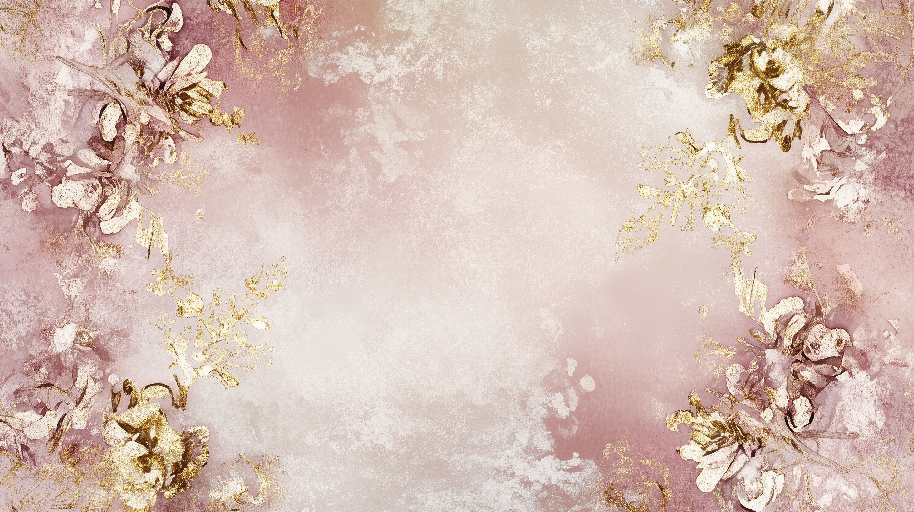 Elegant pink and gold floral background with delicate flowers and golden leaves, perfect for product display or wall art.