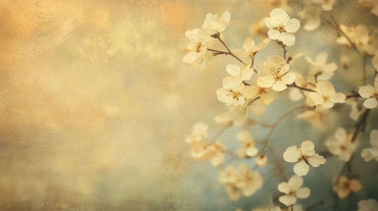 Soft-focus background of delicate white blossoms bathed in warm light, evoking gentle beauty.