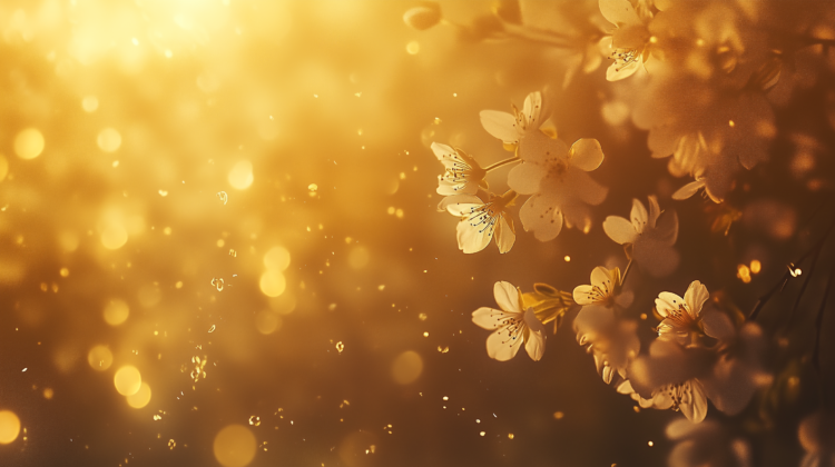 Golden background with cherry blossoms and gold bokeh lights, creating an elegant and luxurious atmosphere.