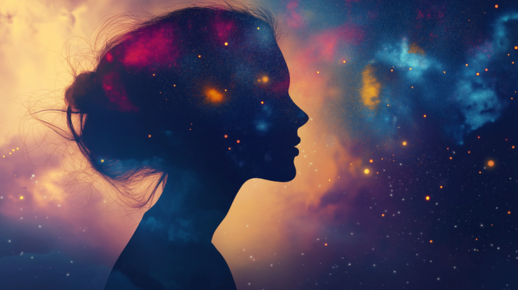 A woman's profile silhouette with a cosmic double exposure effect, featuring stars and galaxies.