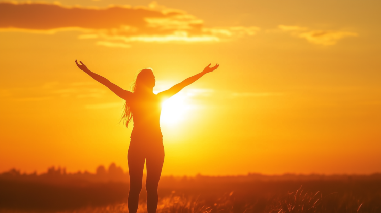 A woman stands with open arms enjoying a sunset, her silhouette glowing in the golden sun rays.