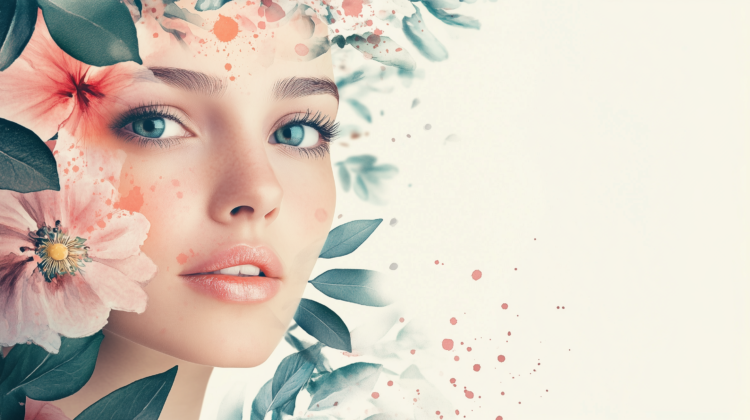 Abstract watercolor background with a woman’s face, flowers, and leaves, designed for beauty product promotions.