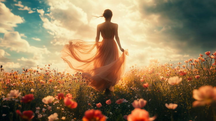 A woman in an elegant dress walks through a field of poppies, bathed in soft sunlight, viewed from behind.