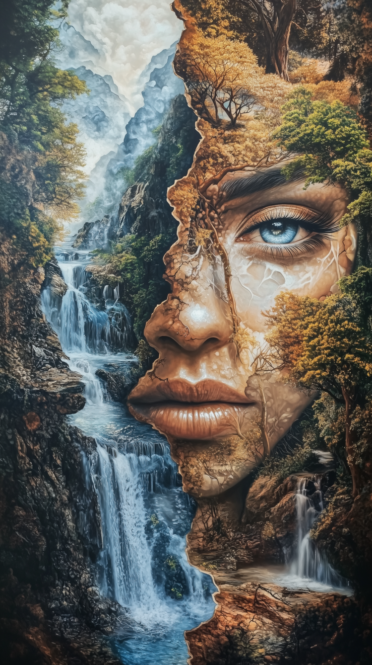 Surreal painting of a woman's face with blue eyes, nature and waterfalls on one side, plain brown on the other