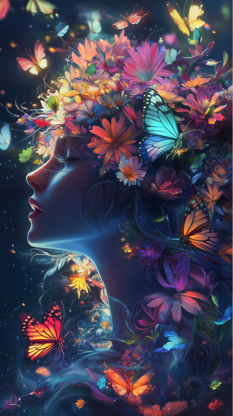 Digital painting of an enchanting woman with flowers and butterflies in her flowing hair against a dark background.