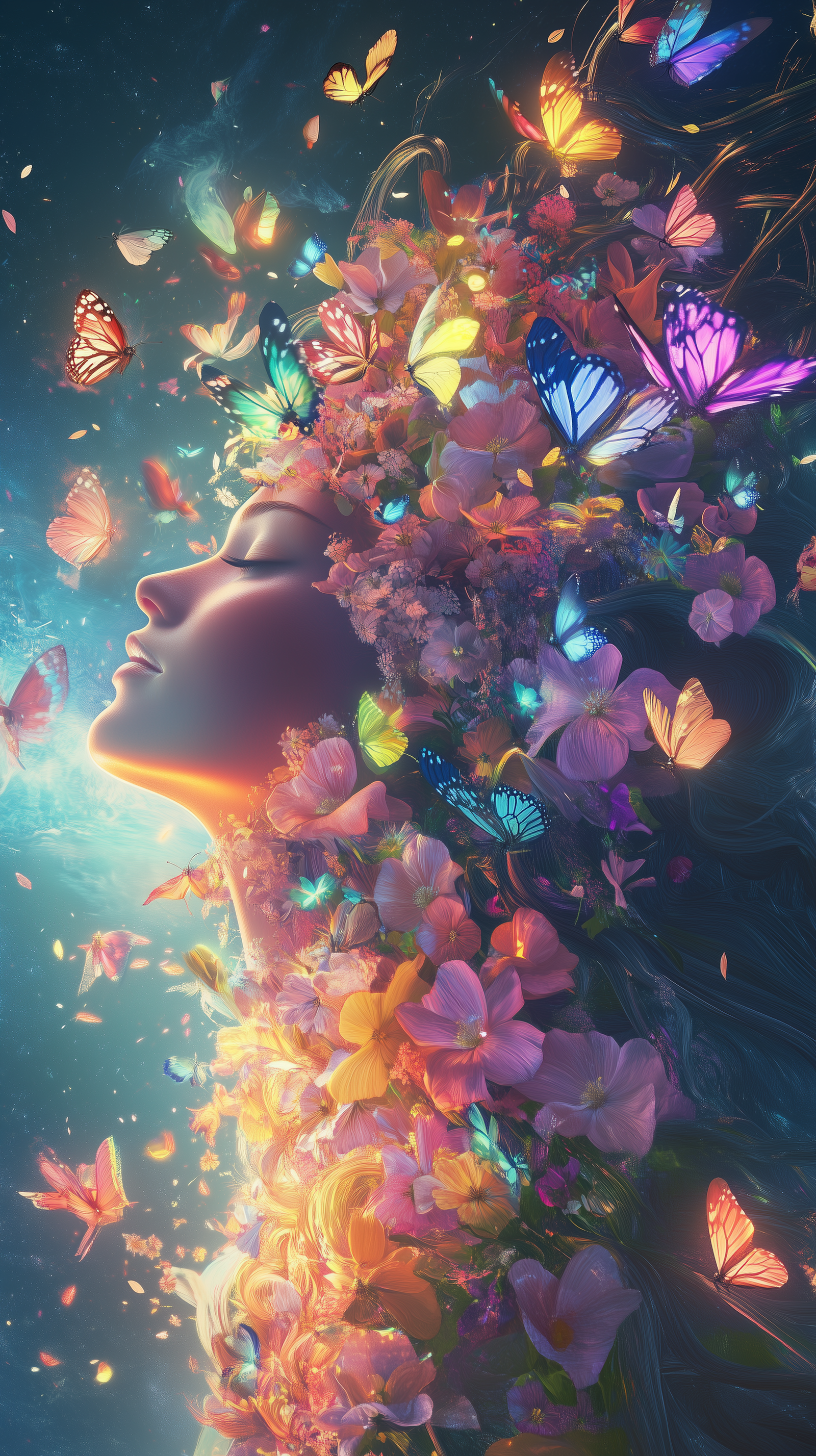 Fantasy art of a woman made of flowers and butterflies, with flowing hair and a dark blue mystical background.