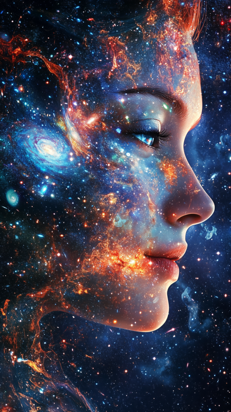 Mystical Woman with a Universe of Stars on Her Face