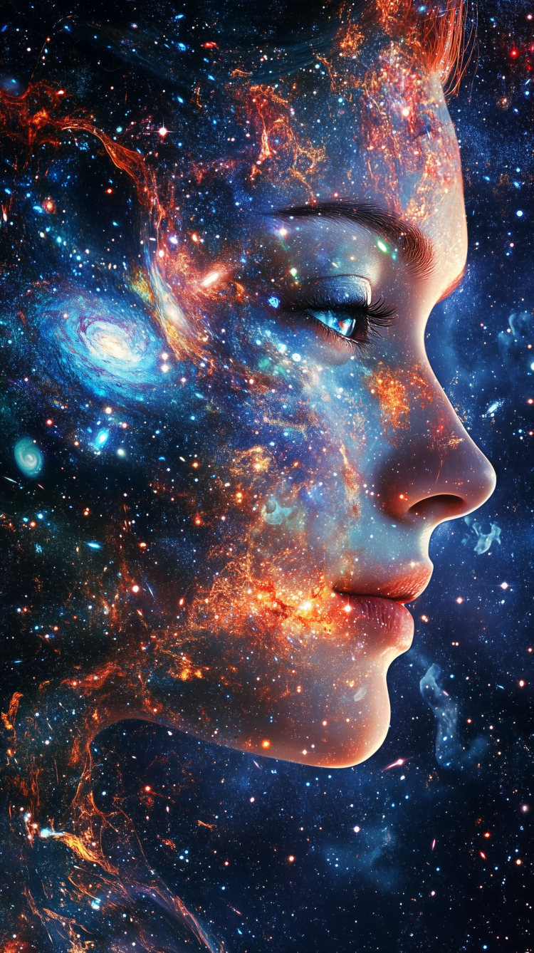 A woman's face covered in the Milky Way, with stars and galaxies glowing on her skin, against a colorful cosmic background.