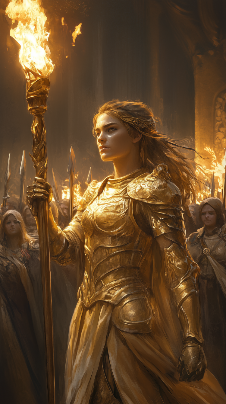 Female warrior in golden armor holding a torch, leading a crowd through flames in a heroic scene.