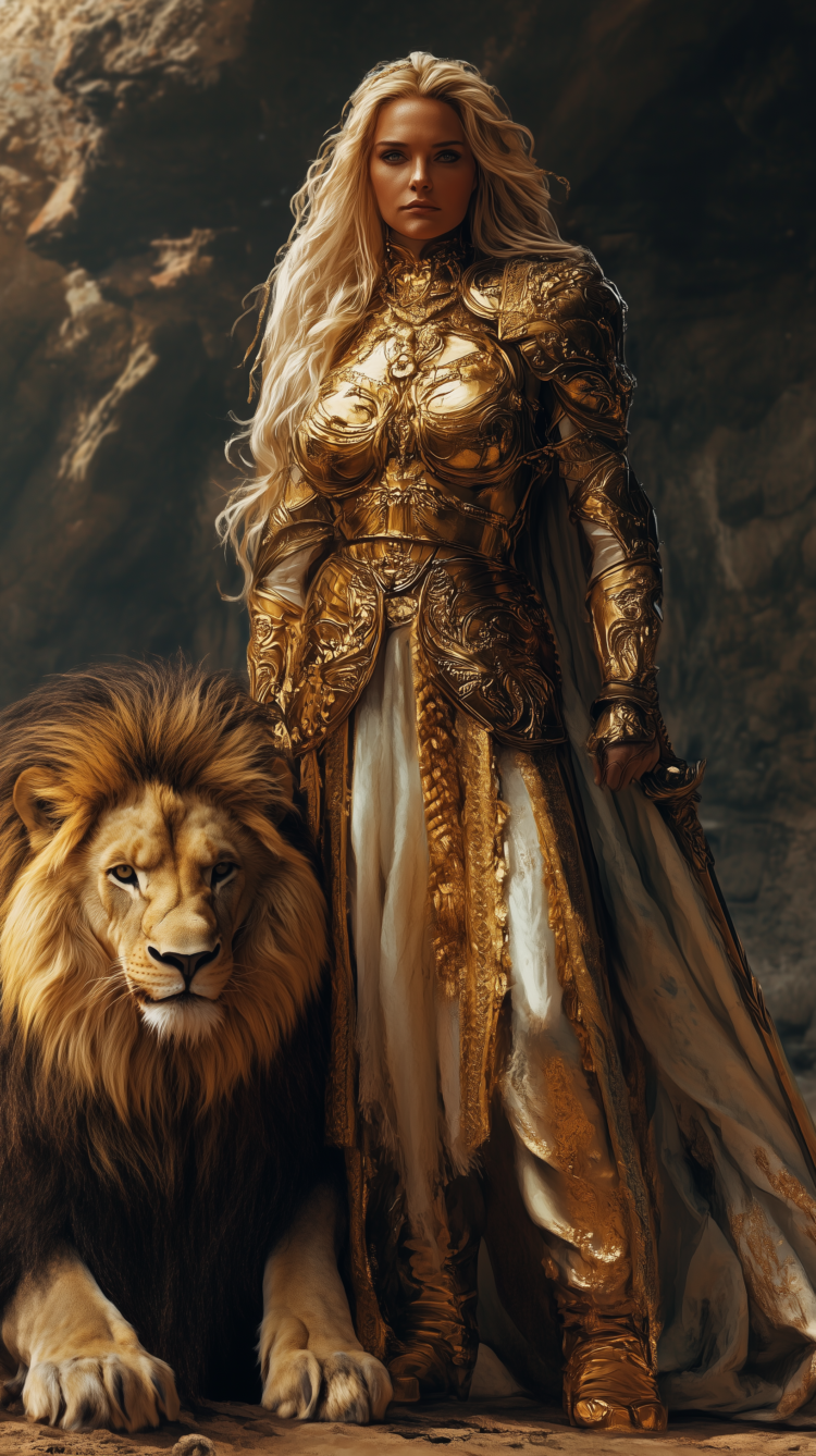 Hyper-realistic fantasy illustration of a blonde woman in golden armor standing beside a majestic lion.