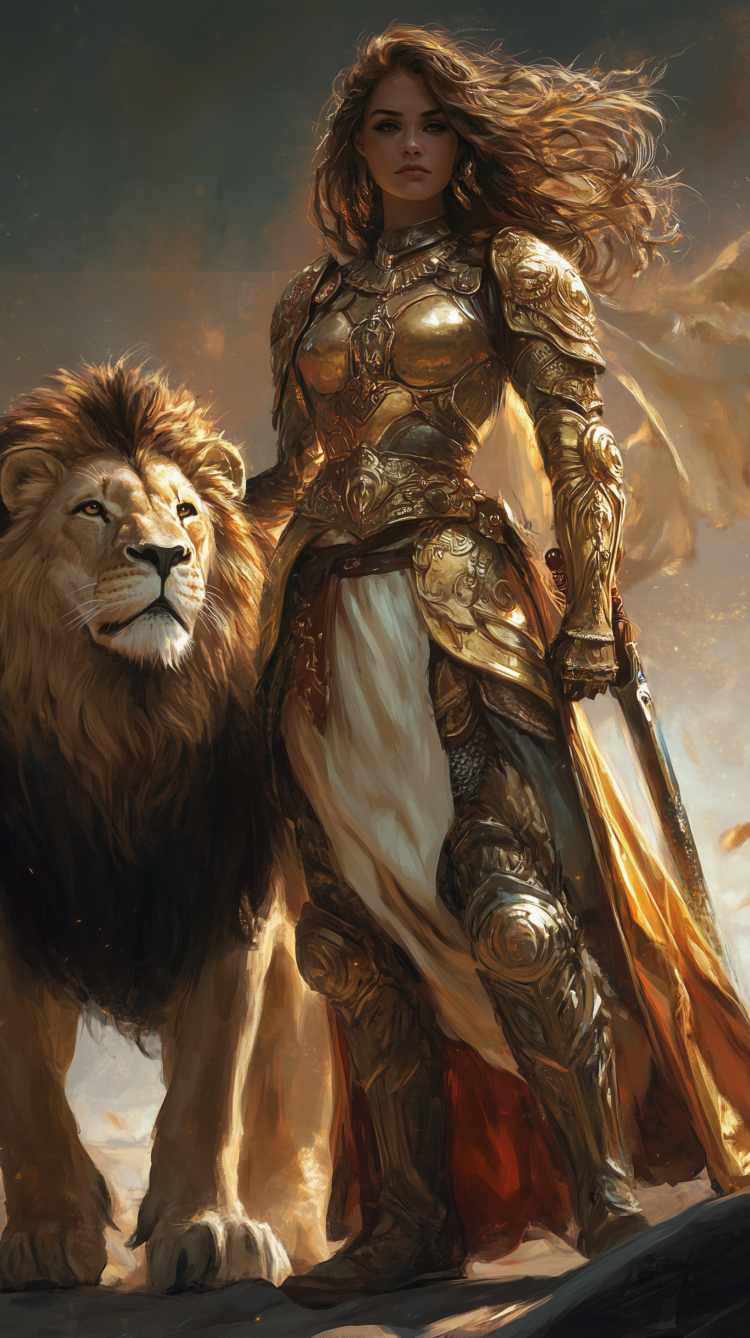 Fantasy painting of a woman in golden armor with long brown hair standing beside a lion, with a detailed background.