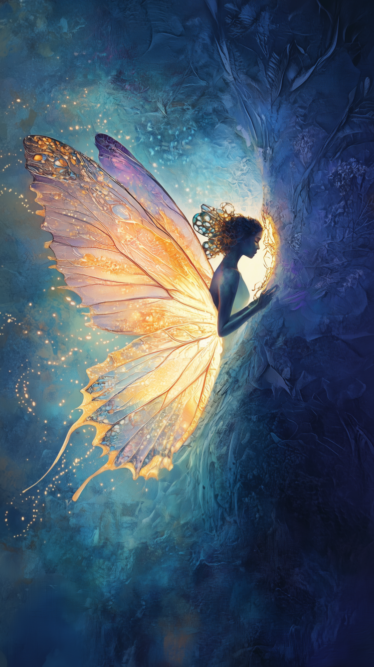 Fantasy fairy with iridescent wings glowing in the twilight sky, surrounded by mystical fog and luminous flora.