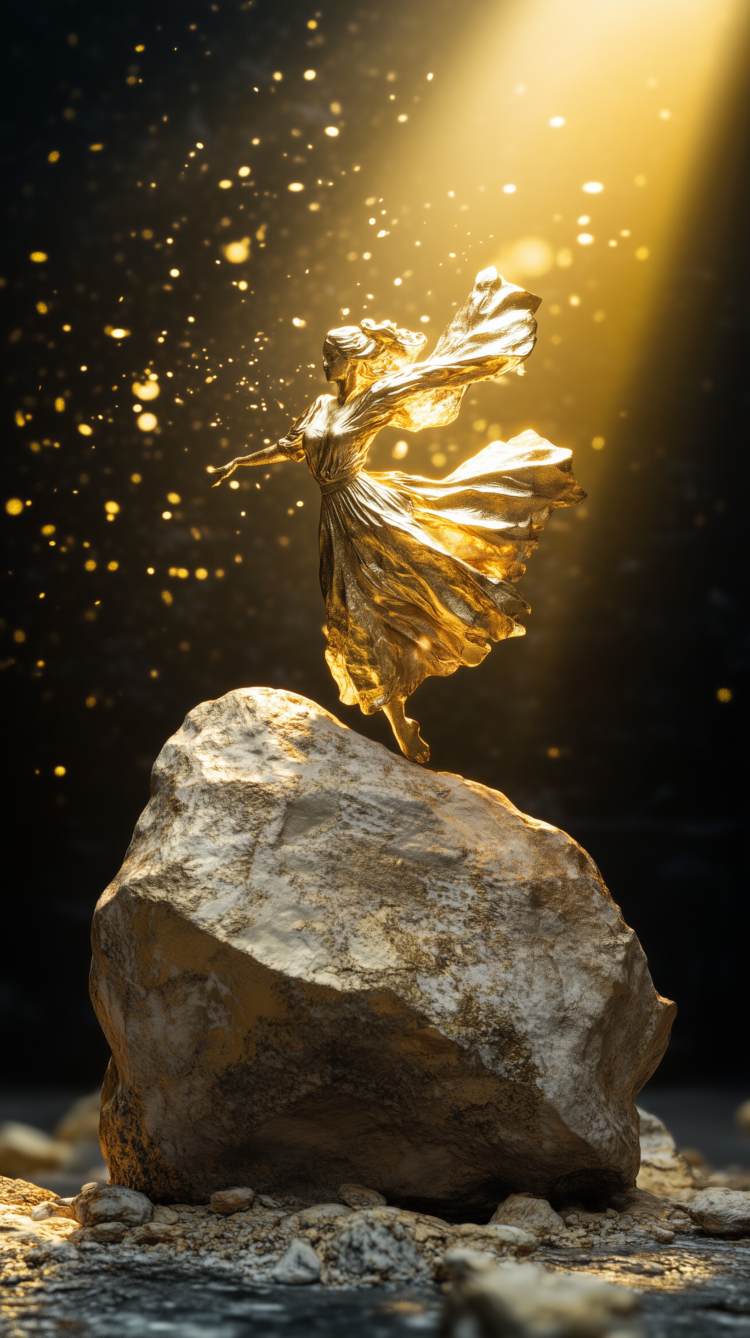 Golden statue of a woman on a rock with gold dust falling from the sky, creating a majestic atmosphere.