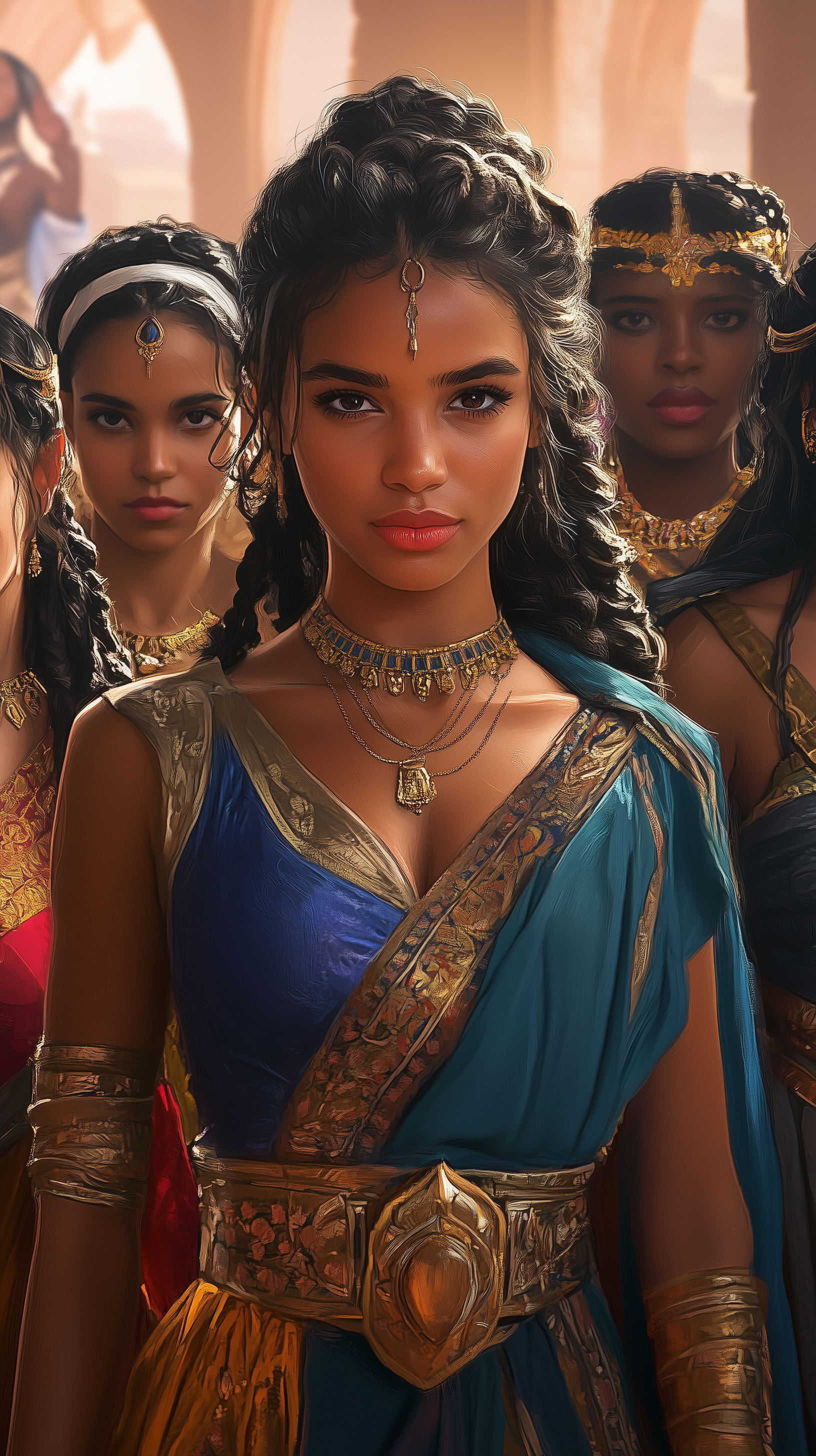 Cinematic wide shot of Egyptian women in blue and gold attire standing in a grand palace with golden walls.