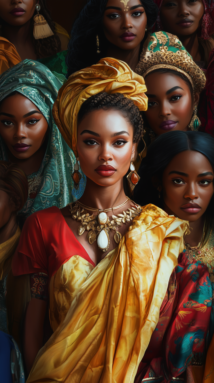 Ultra-realistic portrait of Black women in traditional African attire with diverse hairstyles against a dark red background.