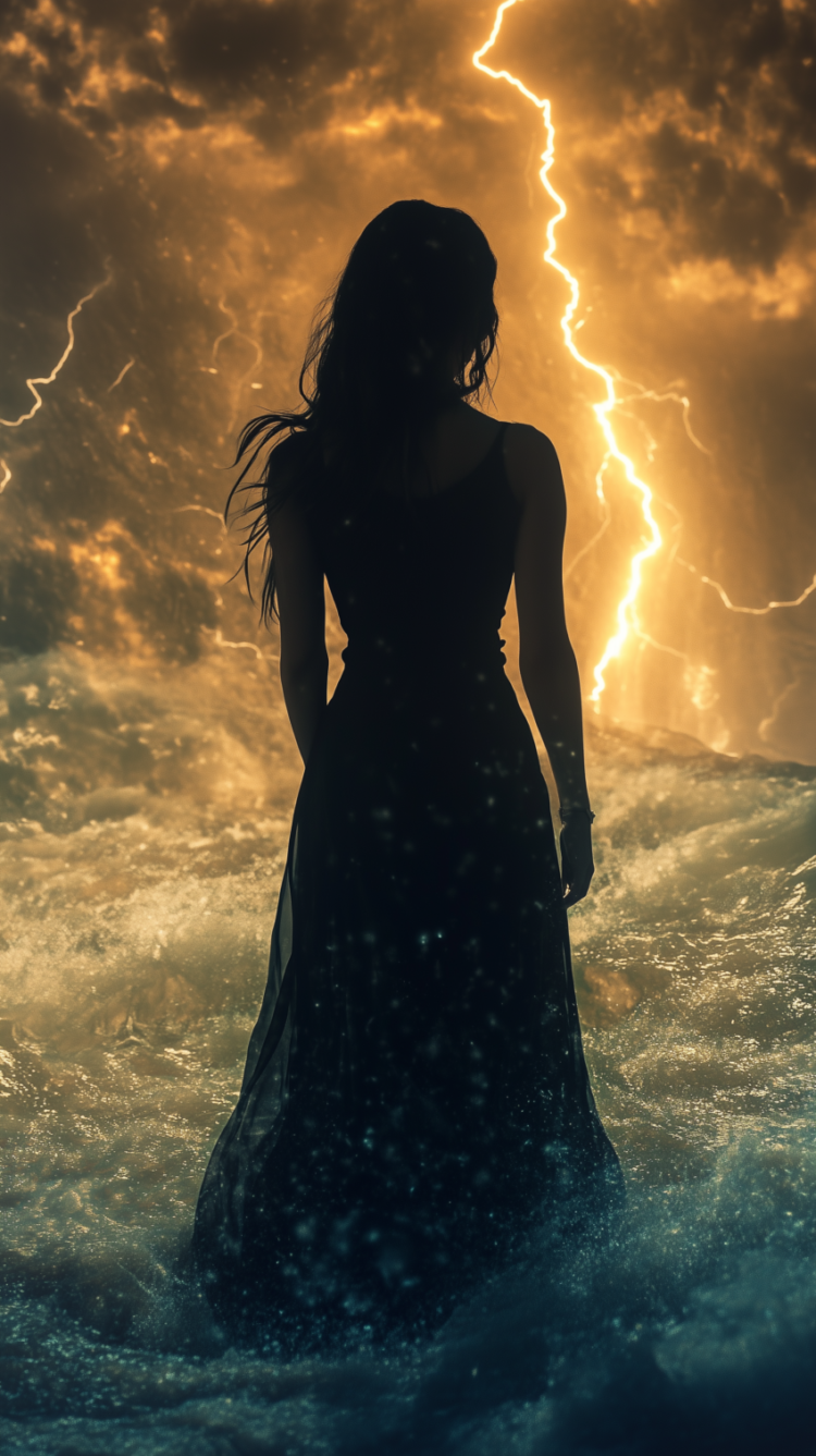 Dark Beauty: A Woman Stands Beneath a Lightning Sky