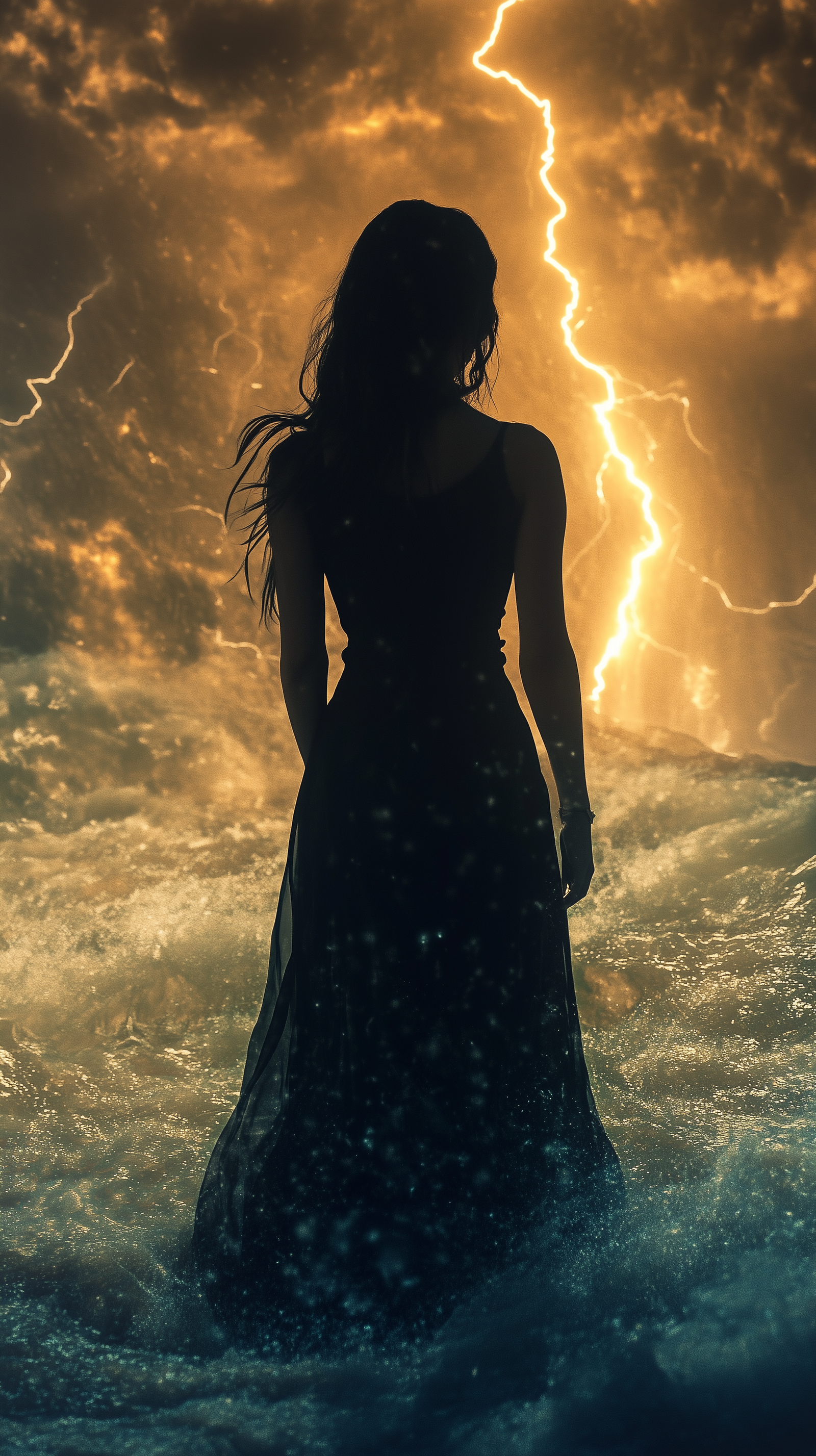 Silhouette of a woman with flowing hair in a dark dress, standing amid stormy waves under lightning-filled skies.