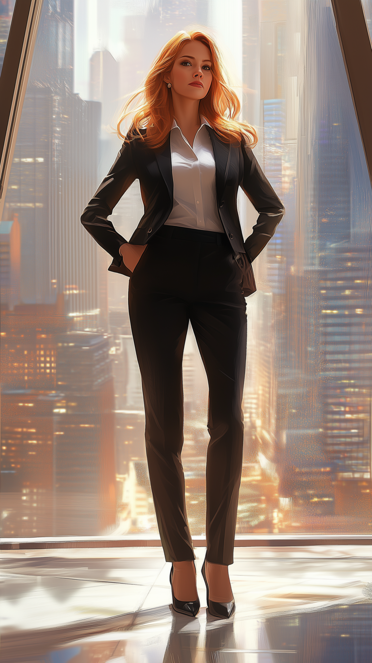 Illustration of a businesswoman with ginger hair in a black suit, standing confidently against a modern office city background.