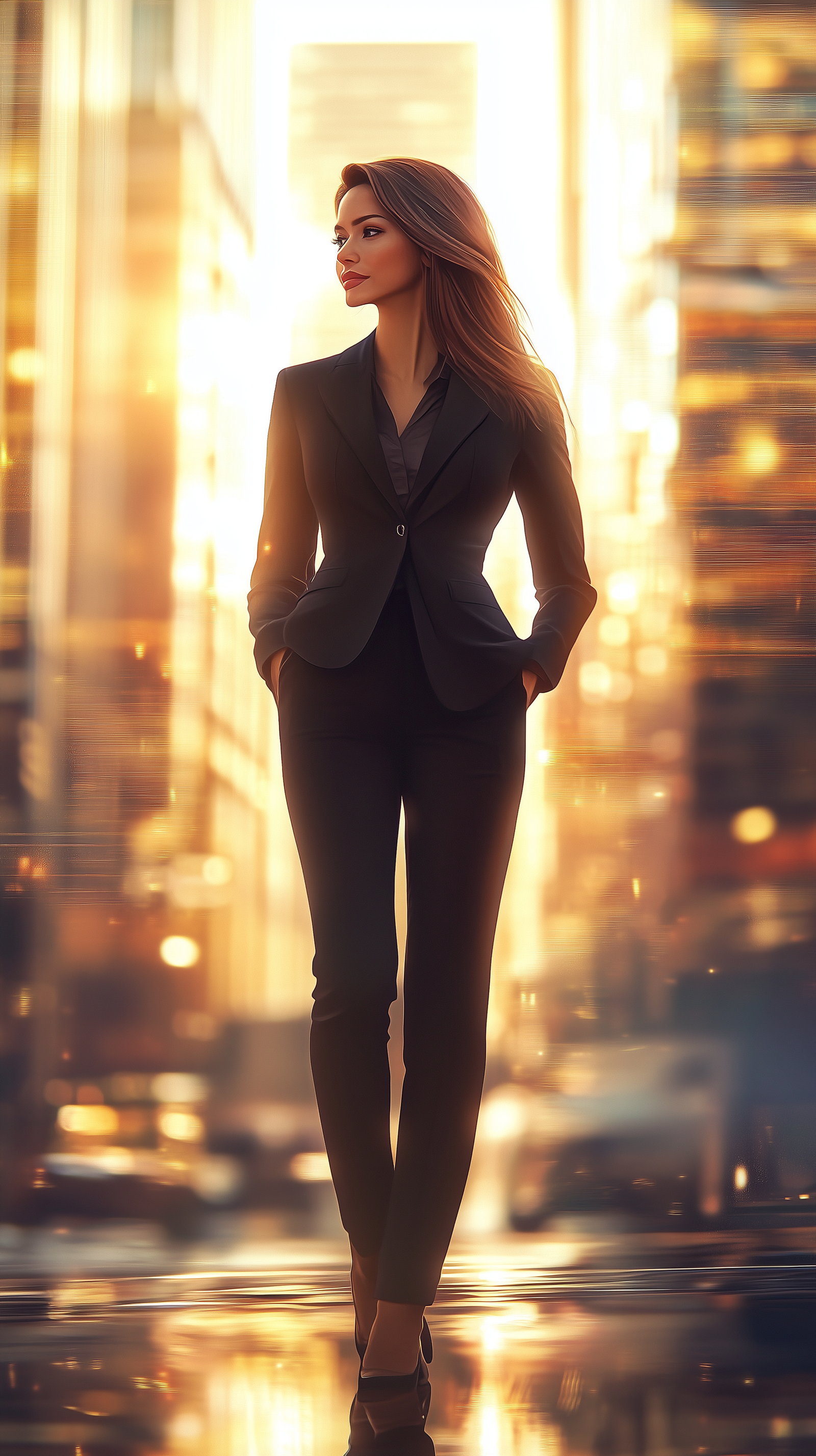 A confident businesswoman walks forward, her hair flowing, with a sunlit city skyline behind her in a realistic photo style.