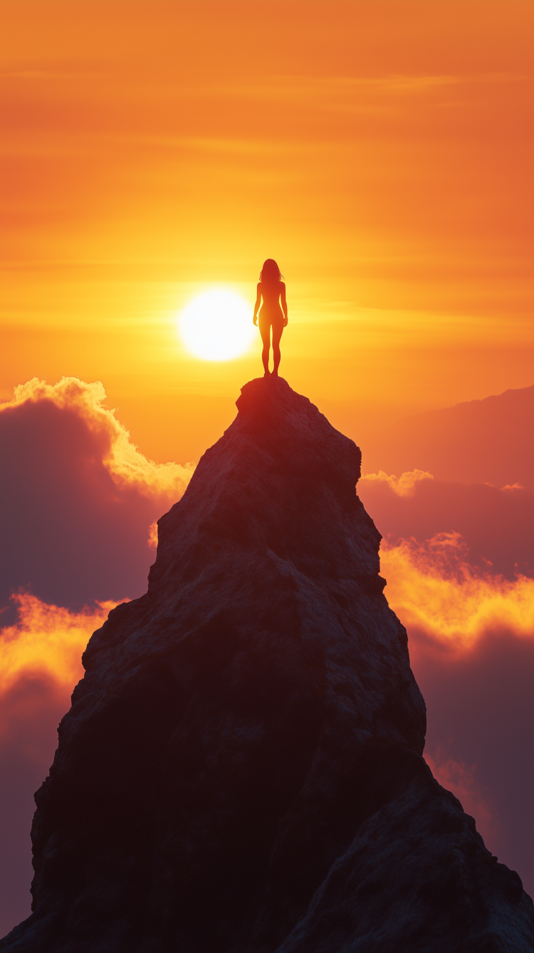 A woman stands on a mountain peak at sunrise, facing the sky with orange clouds, symbolizing determination and success.