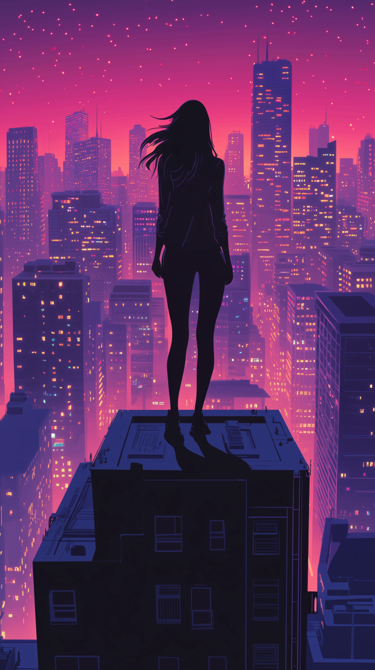 Comic book illustration of a woman standing on a building’s edge, overlooking a city skyline at night with purple and pink hues.