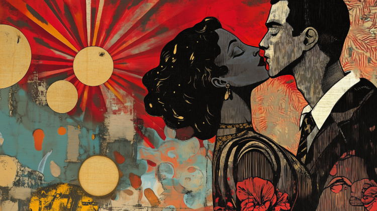 Collage-style artwork of a woman kissing a man, with red, black, and gold tones and suns behind them.