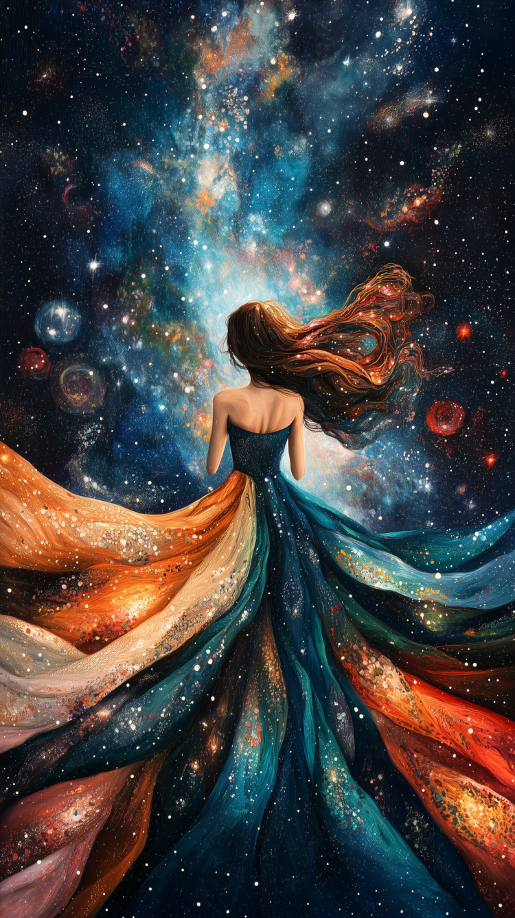 A Woman Flowing with the Universe - A woman in a flowing colorful dress stands in space, surrounded by galaxies and stars, evoking a cosmic connection.