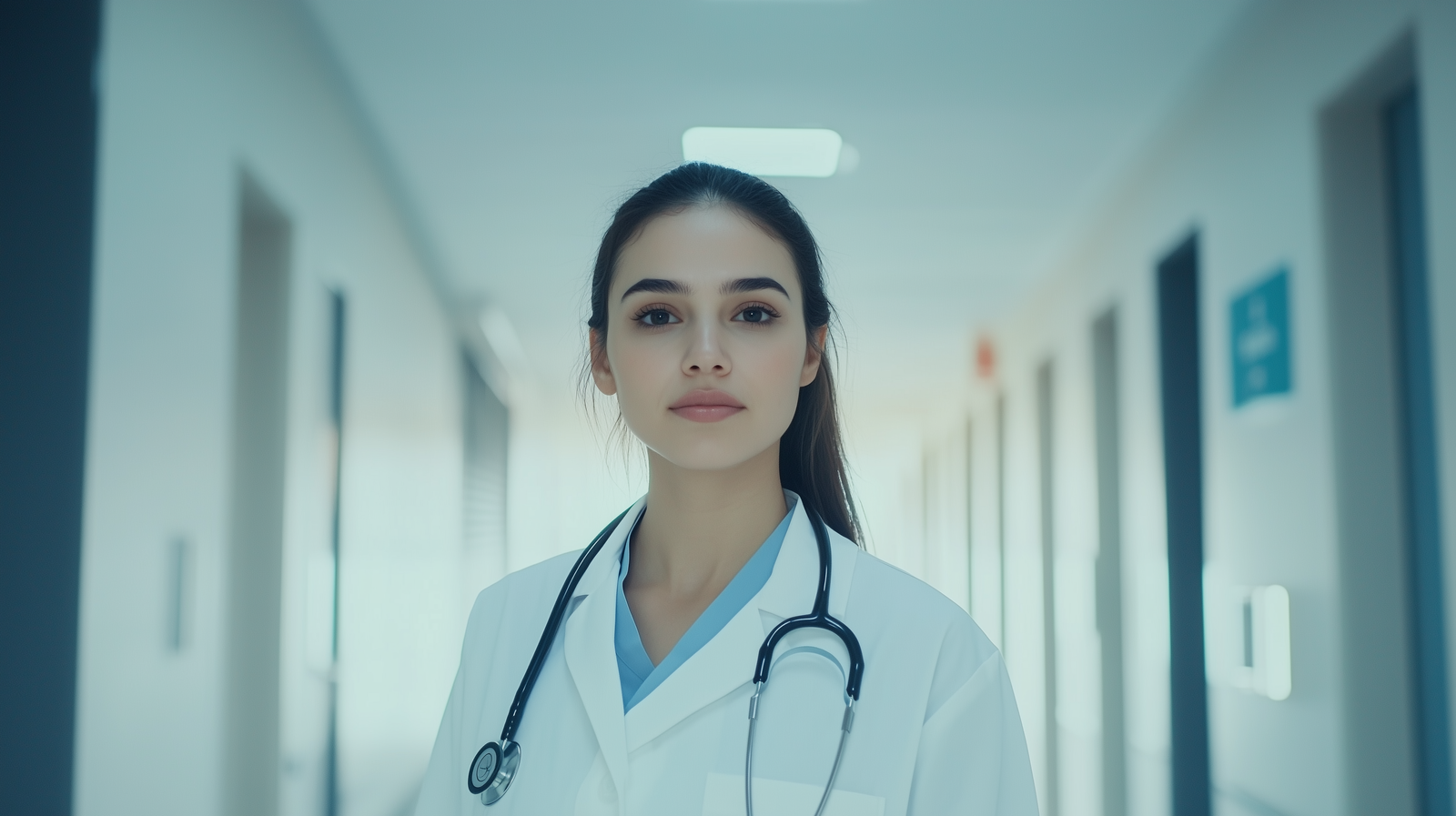 A female doctor in a white coat stands in a hospital corridor, looking at the camera with confidence.