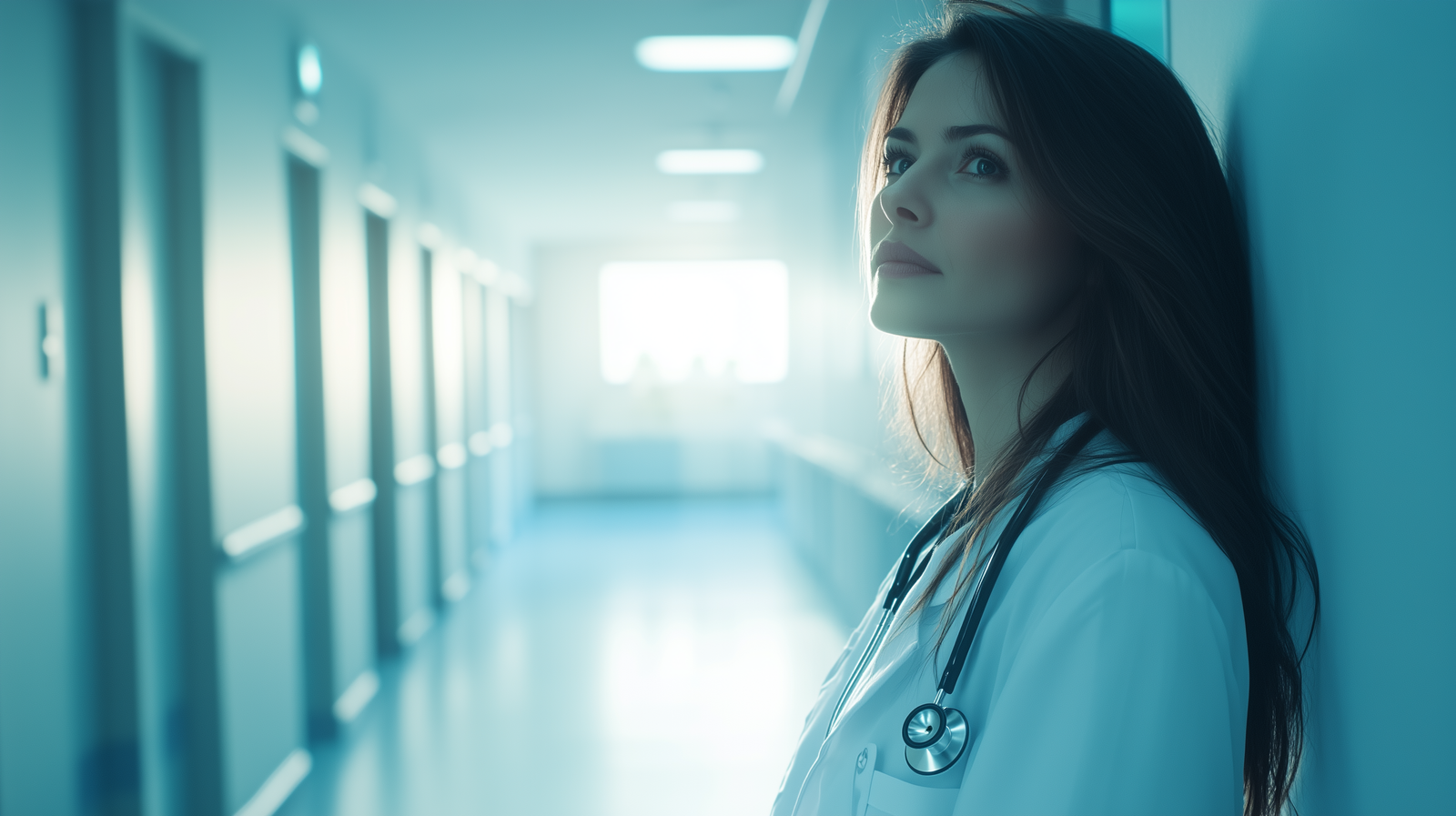 A female doctor in a white coat stands in a hospital hallway, looking sideways with a thoughtful expression.