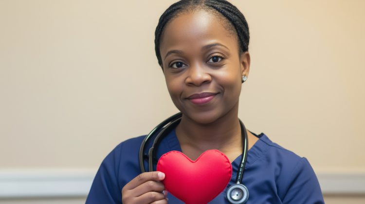 A nurse in blue scrubs holds a red heart-shaped pillow, smiling gently while standing against a beige background.