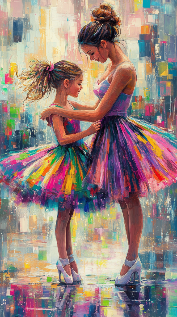 Digital oil painting of a woman in high heels and a colorful tulle dress dancing with her daughter against an abstract background.